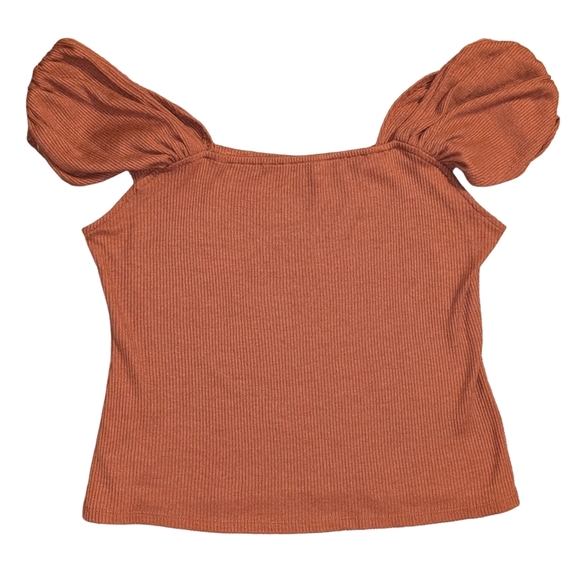 🍂 3/$15 - Anthropologie Burnt Orange Ruched Ribbed Top, Size XL - Picture 1 of 9
